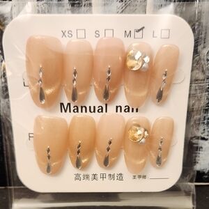 Elegant Nude Press-On Nails with Silver Accents